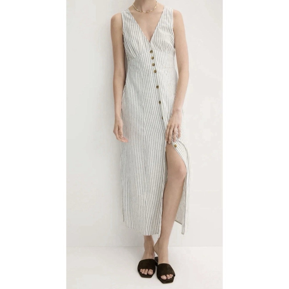 Marine Layer Camila Maxi Dress Button Front Hemp Sz M Blue Striped Coastal Boho
